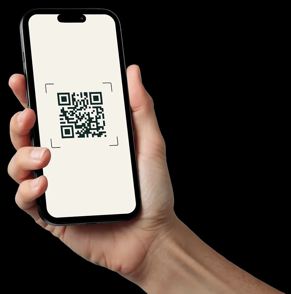 Hand holding a phone scanning the ReviewBiz QR code